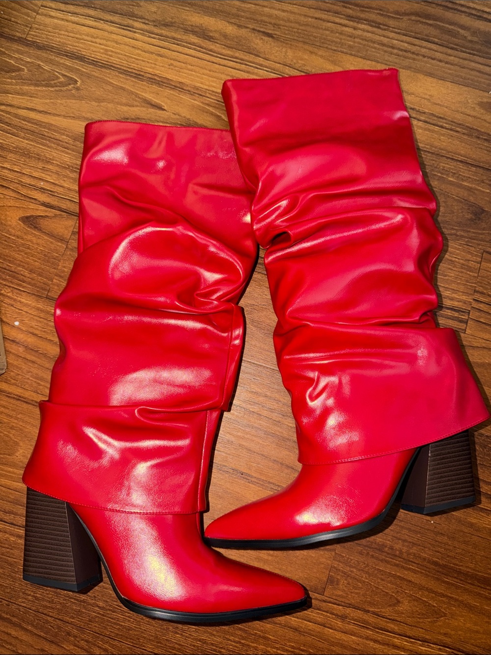 Red Slouchy Mid-Calf Heeled Boots - Women's Fashion